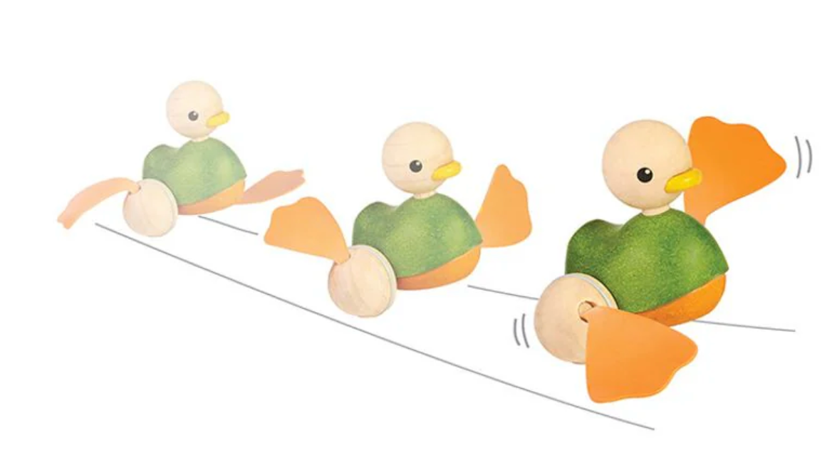 Wooden push along duck toy with green body and orange rubber feet that flip-flop as it moves forward