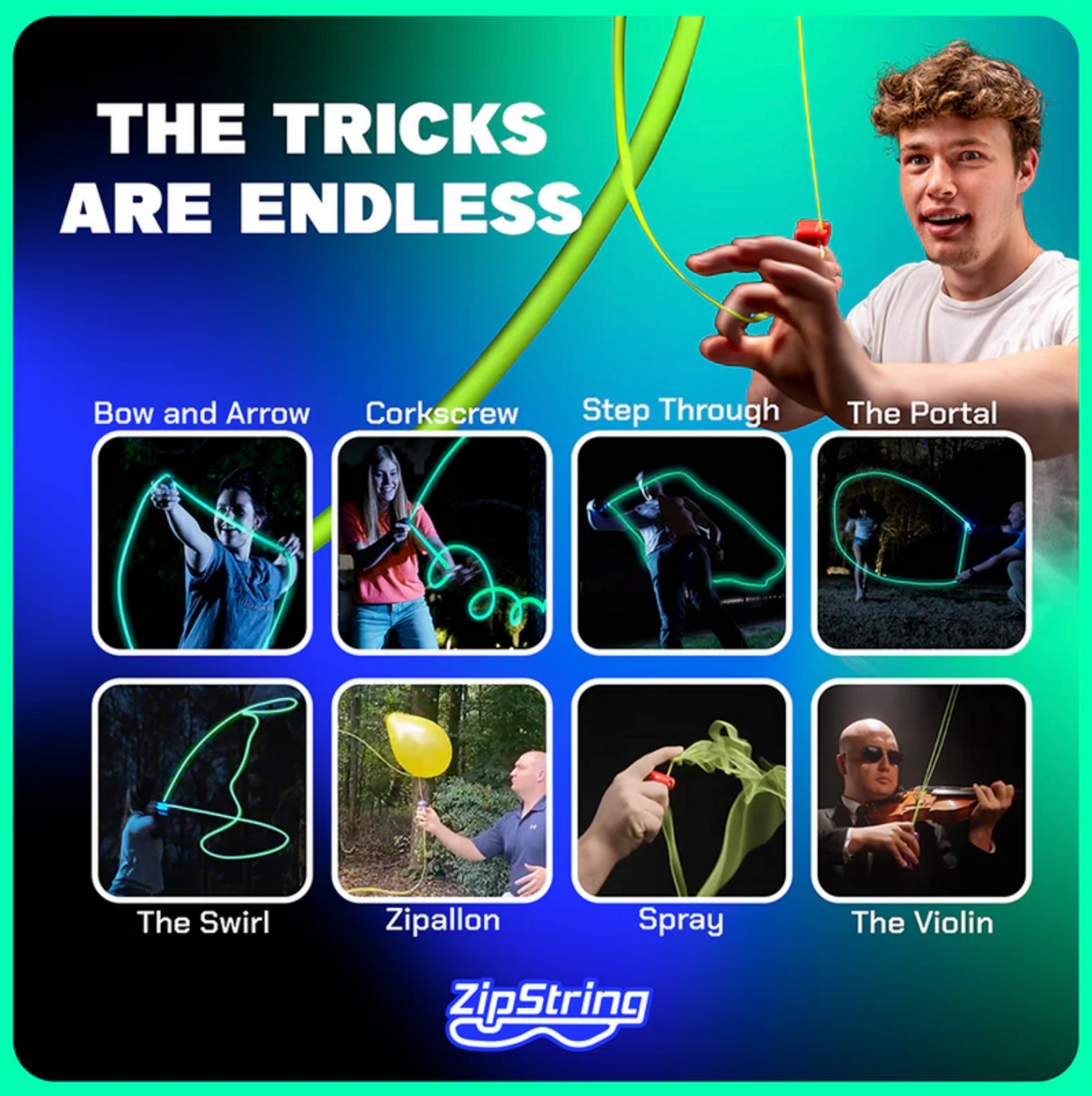Man demonstrating glow-in-the-dark ZipString toy with various creative tricks and light patterns at night