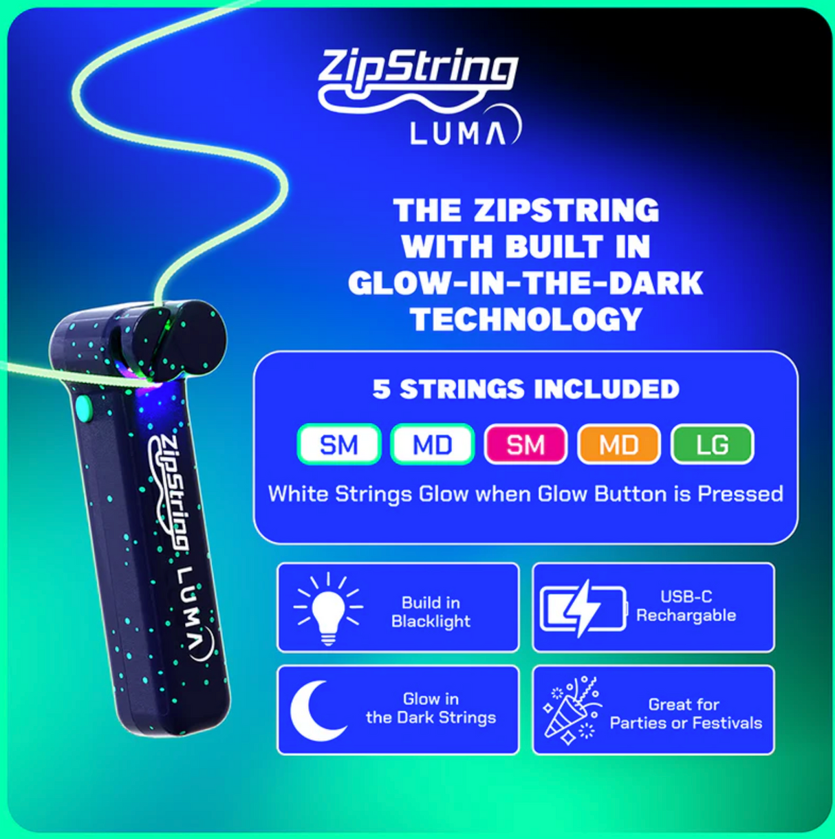 ZipString Luma glowing blue with colorful light-up strings and glow-in-the-dark features on a vibrant background