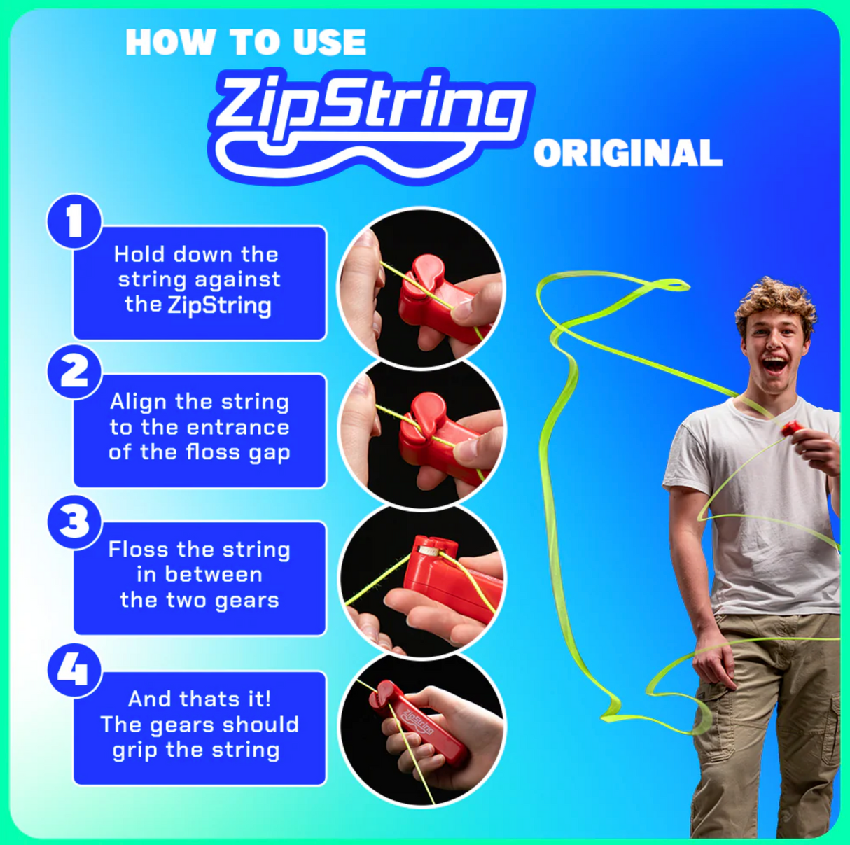 Step-by-step guide showing how to loop and grip the string with ZipString Original in vibrant blue packaging
