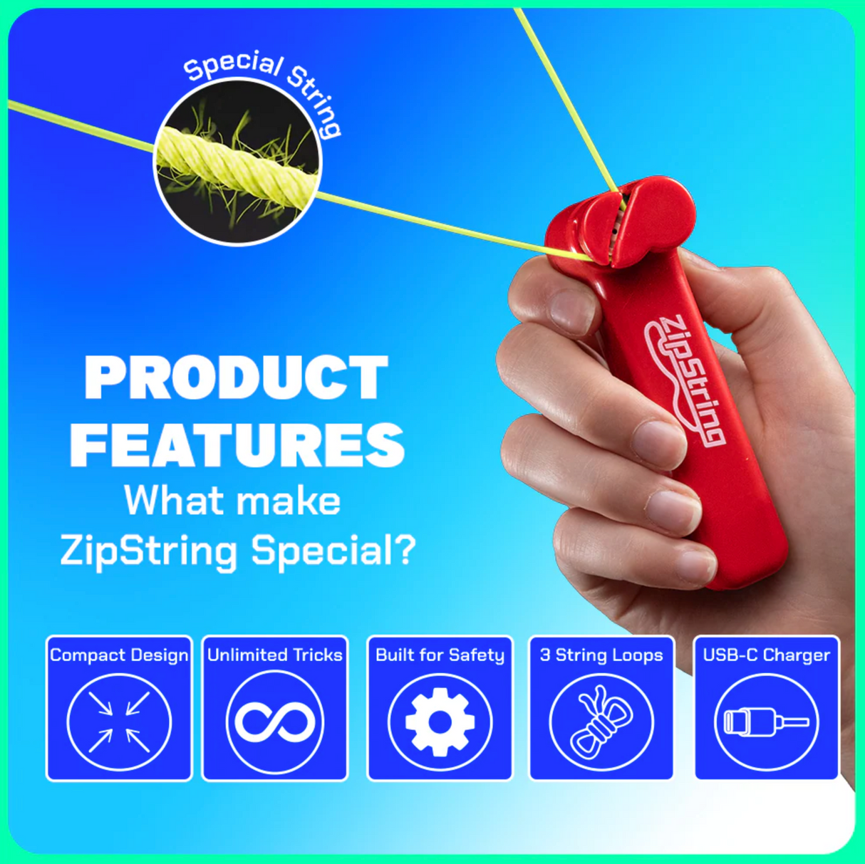 Hand holding red ZipString device with yellow strings and text highlighting product features on blue background