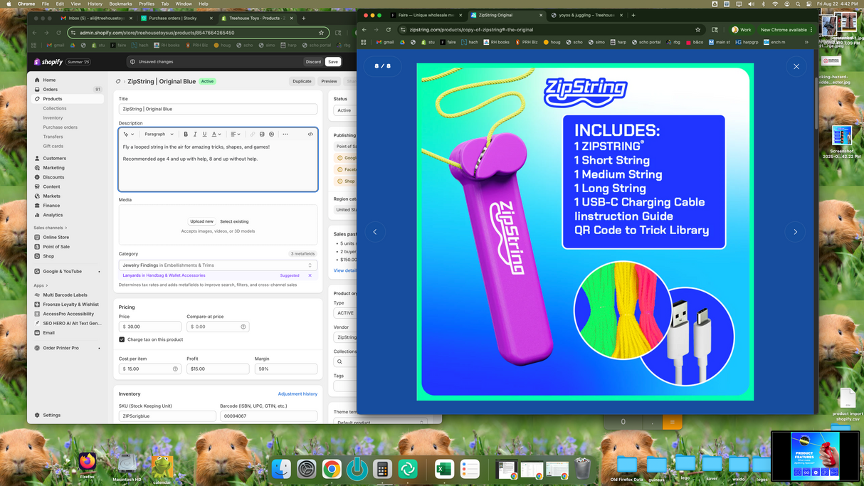 Blue ZipString toy with multiple strings, USB charging cable, and trick instruction guide for creative play.