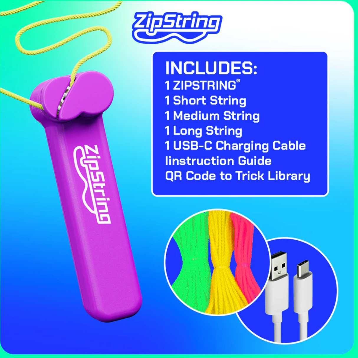 Purple ZipString toy with yellow string, colorful extra strings, USB-C cable, and product contents list on blue background