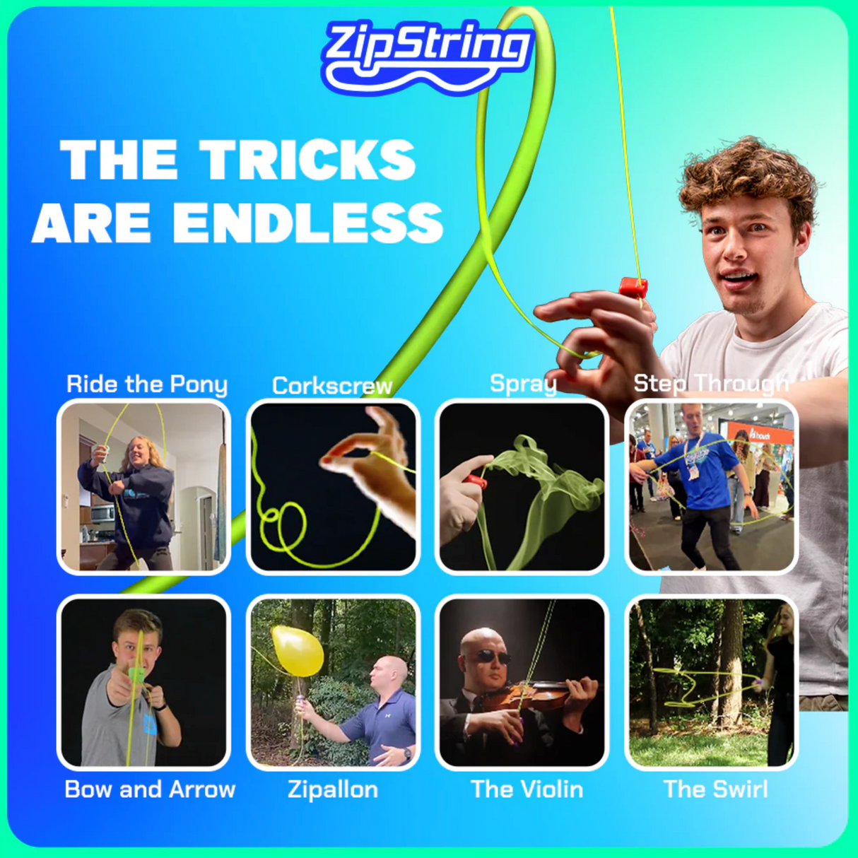 Young man demonstrates tricks with a vibrant blue ZipString against a bright, colorful background featuring various ZipString tricks.