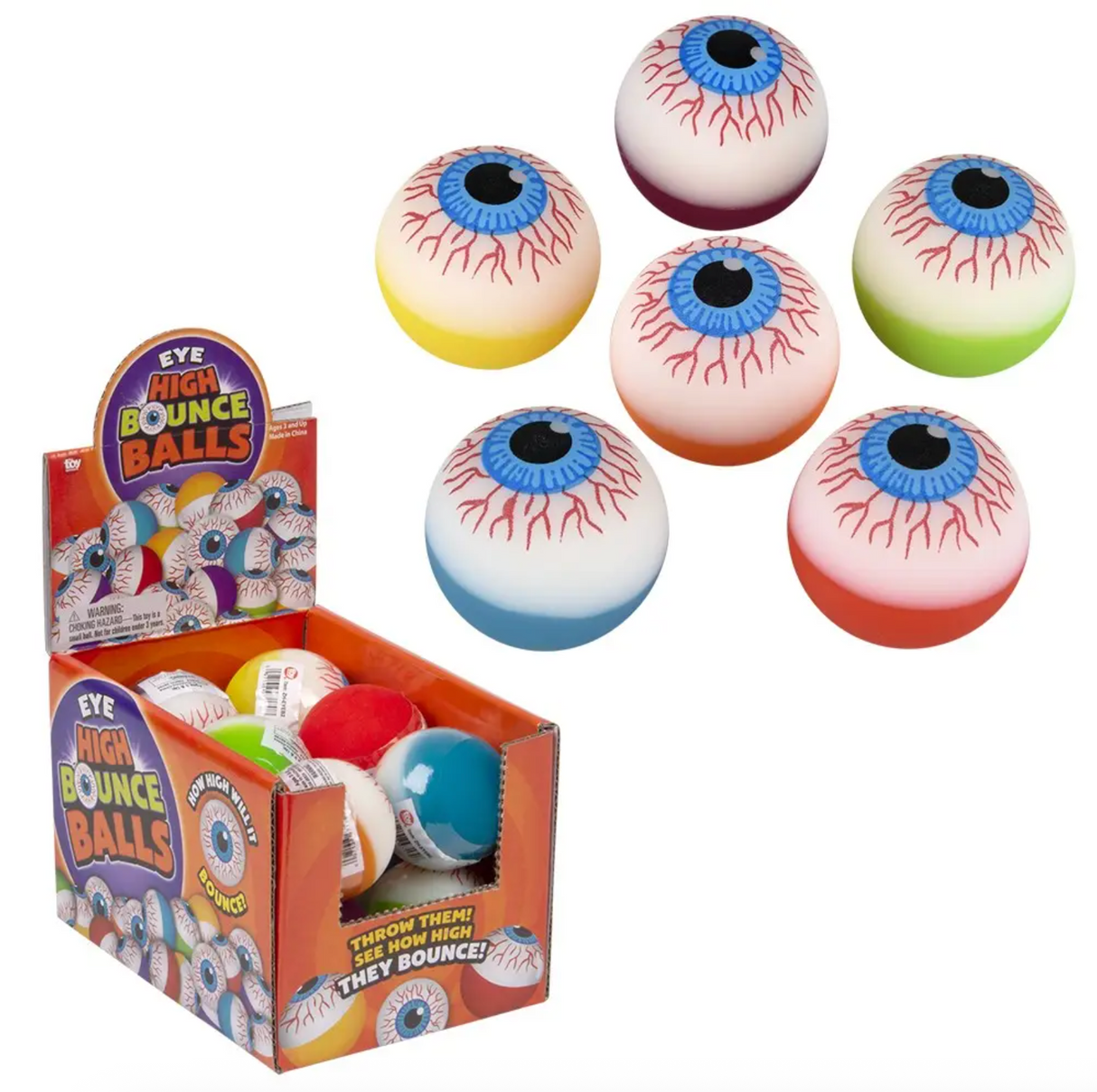 Colorful eyeball bouncy balls with creepy designs displayed with an open box for Halloween fun and treats.