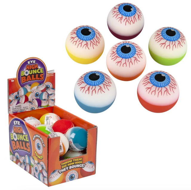 Colorful eyeball bouncy balls with creepy designs displayed with an open box for Halloween fun and treats.