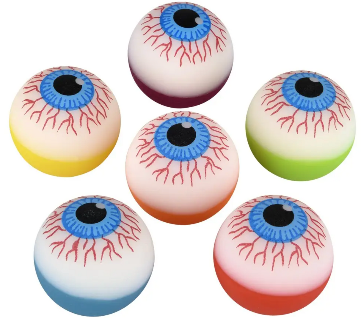 Six colorful eyeball bouncy balls featuring blue irises and red veins on a white background, perfect for party favors.