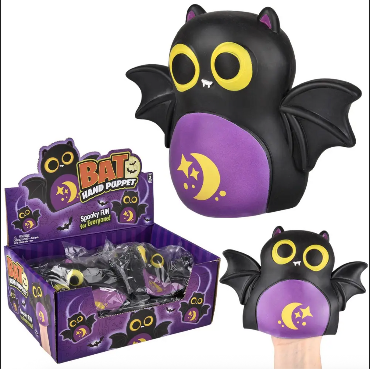 Soft black and purple bat rubber puppet with yellow eyes and moon design, perfect for Halloween play and storytelling