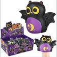 Soft black and purple bat rubber puppet with yellow eyes and moon design, perfect for Halloween play and storytelling