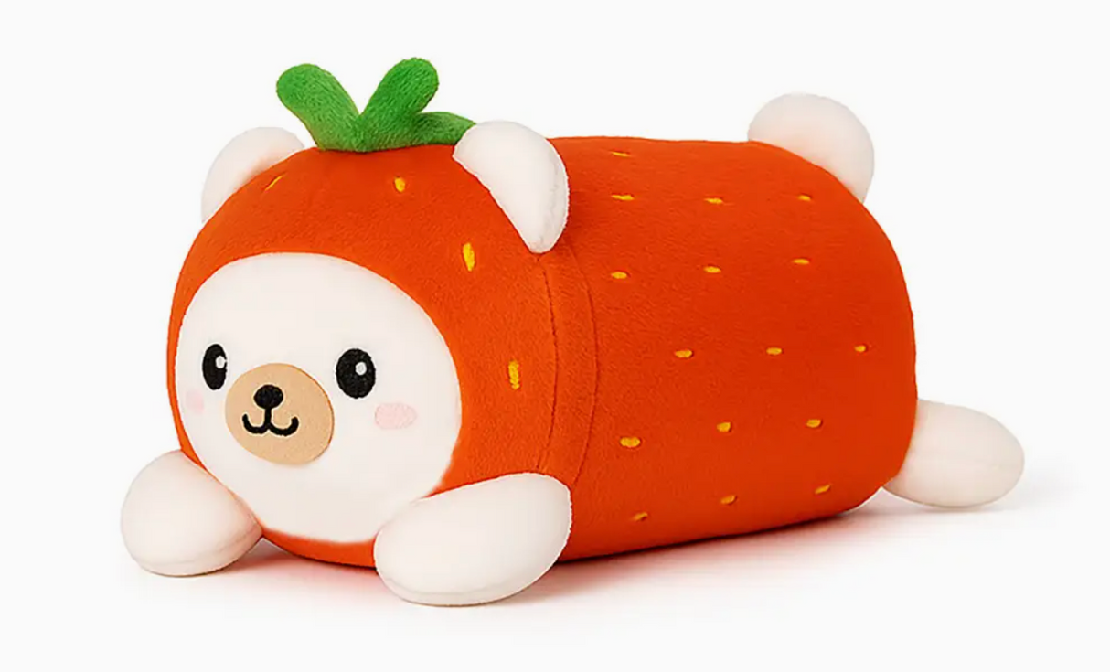 Soft plush bear character dressed as a strawberry, tube-shaped with a calming sandy texture inside.