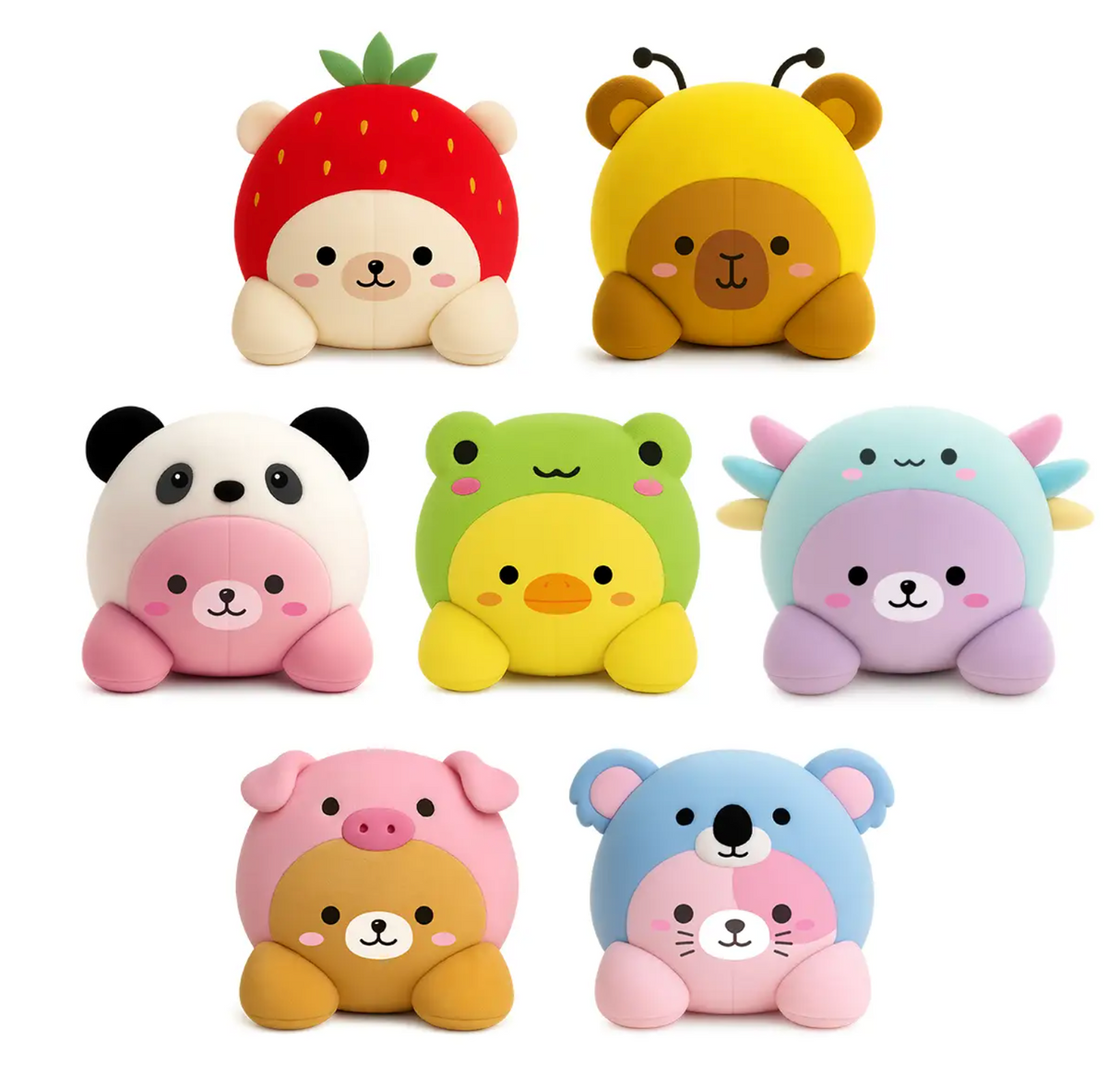 Seven soft, tube-shaped plush characters dressed as fruits and animals with rounded ears and cute faces.