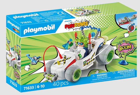 Playmobil Funstars Racing Professor with green-haired figure and white go kart set for kids ages 4 to 10 years