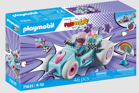 PLAYMOBIL Funstars Racing Unicorn Go Kart toy with a racer figure, colorful design, and rainbow-themed decoration.