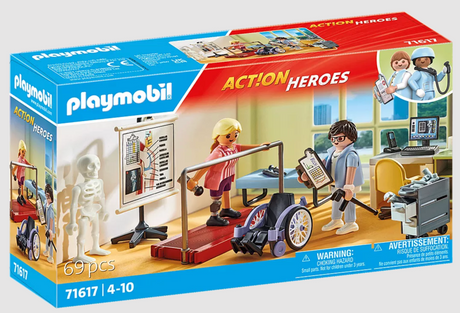 Playmobil hospital orthopedic set with doctor, patient, wheelchair, exercise bars, skeleton, and medical equipment.
