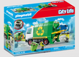 PLAYMOBIL City Life recycling truck toy with two sanitation workers, bins, and detailed garbage collection features.