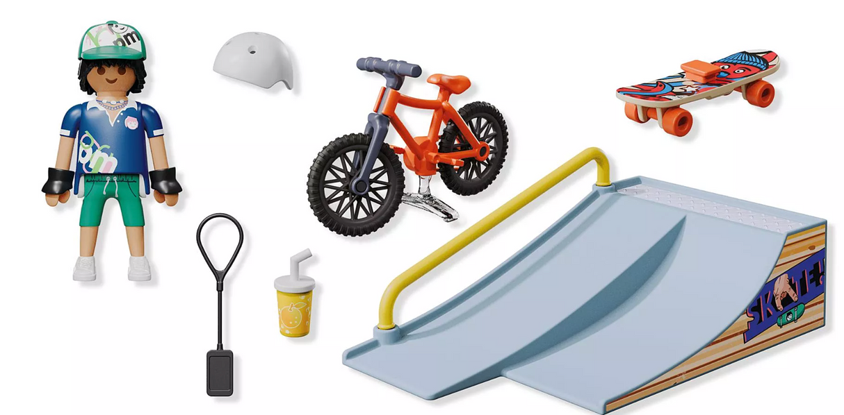 Skateboarder figure with ramp, bike, skateboard, helmet, drink, and accessories for outdoor fun and tricks.