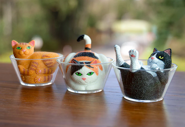Three small soft vinyl cat figures curled up inside clear glass bowls on a wooden surface outdoors