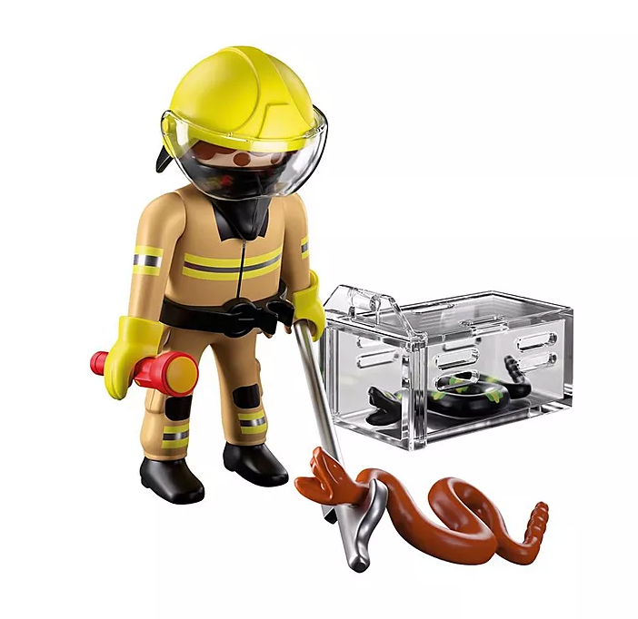 Firefighter figure in yellow gear rescuing a brown snake with hook and carrying a clear transport box