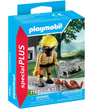 Playmobil firefighter figure rescuing two snakes with scarf and hook next to transparent transport box outdoors