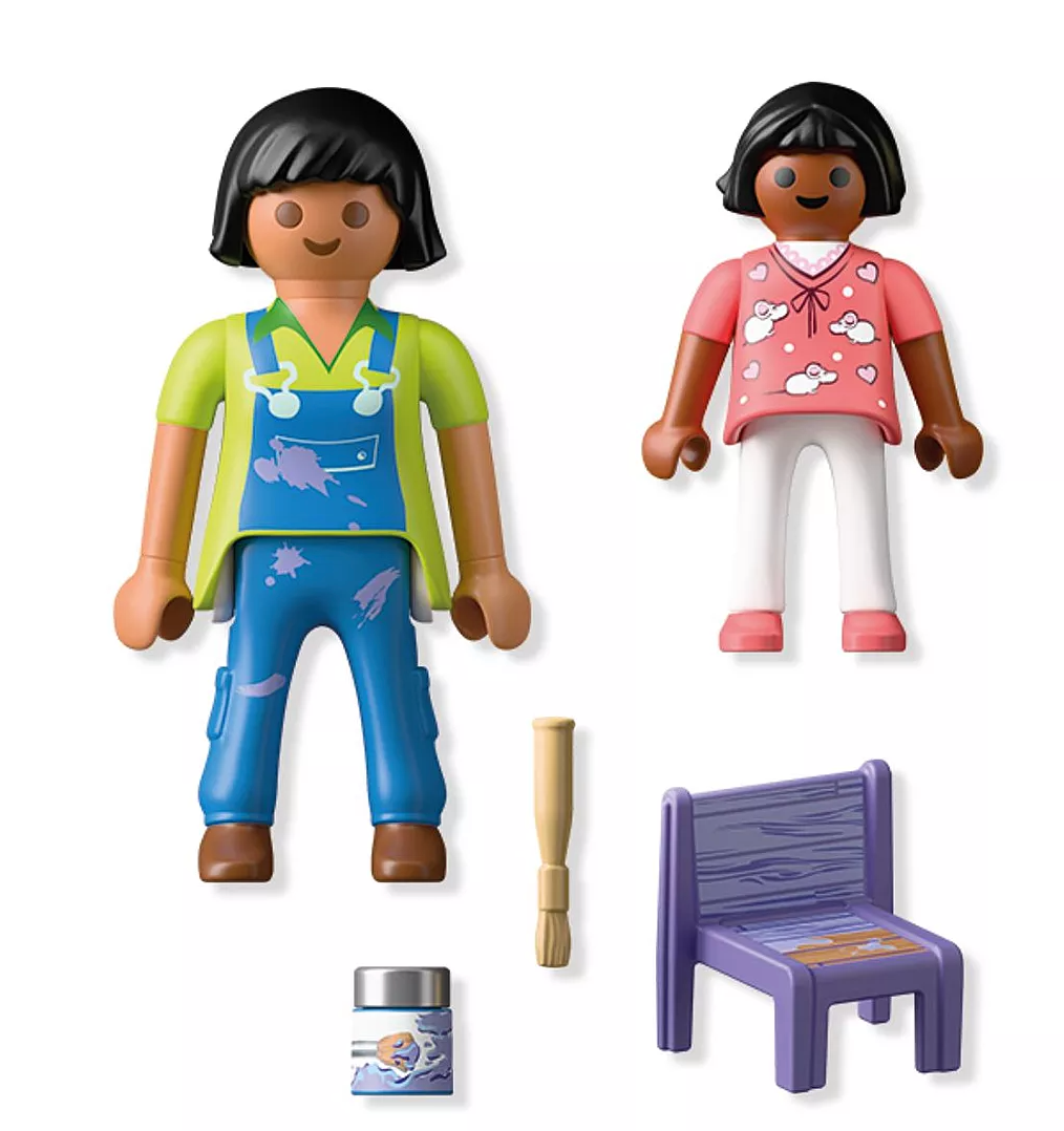 Two craftswoman figures with paintbrush, paint can, and a purple nursery chair toy set pieces