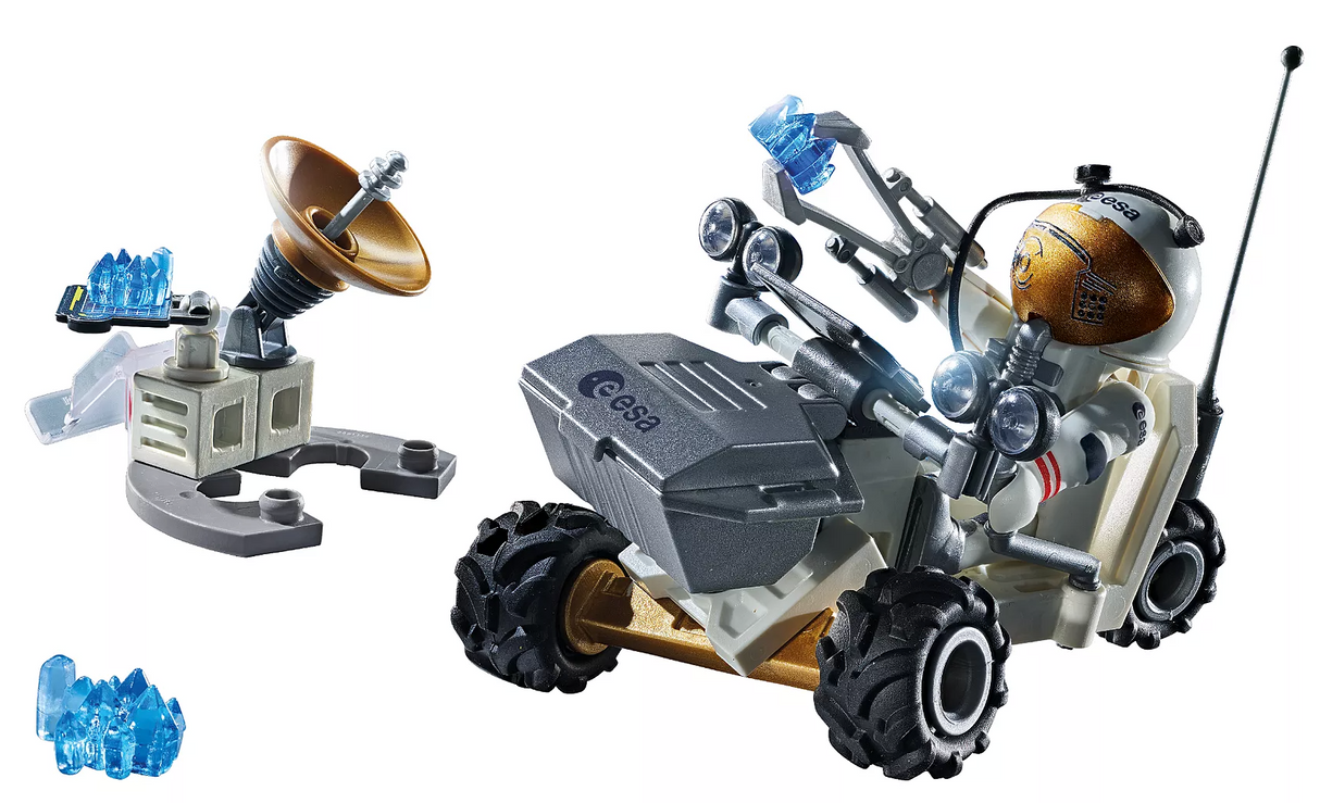 Children's lunar rover toy with astronaut figure, satellite dish, and crystal samples for space mission play.