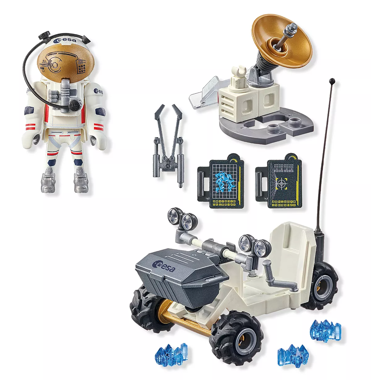 Miniature astronaut figure with space rover, satellite dish, tools, and blue rock samples for imaginative space play.