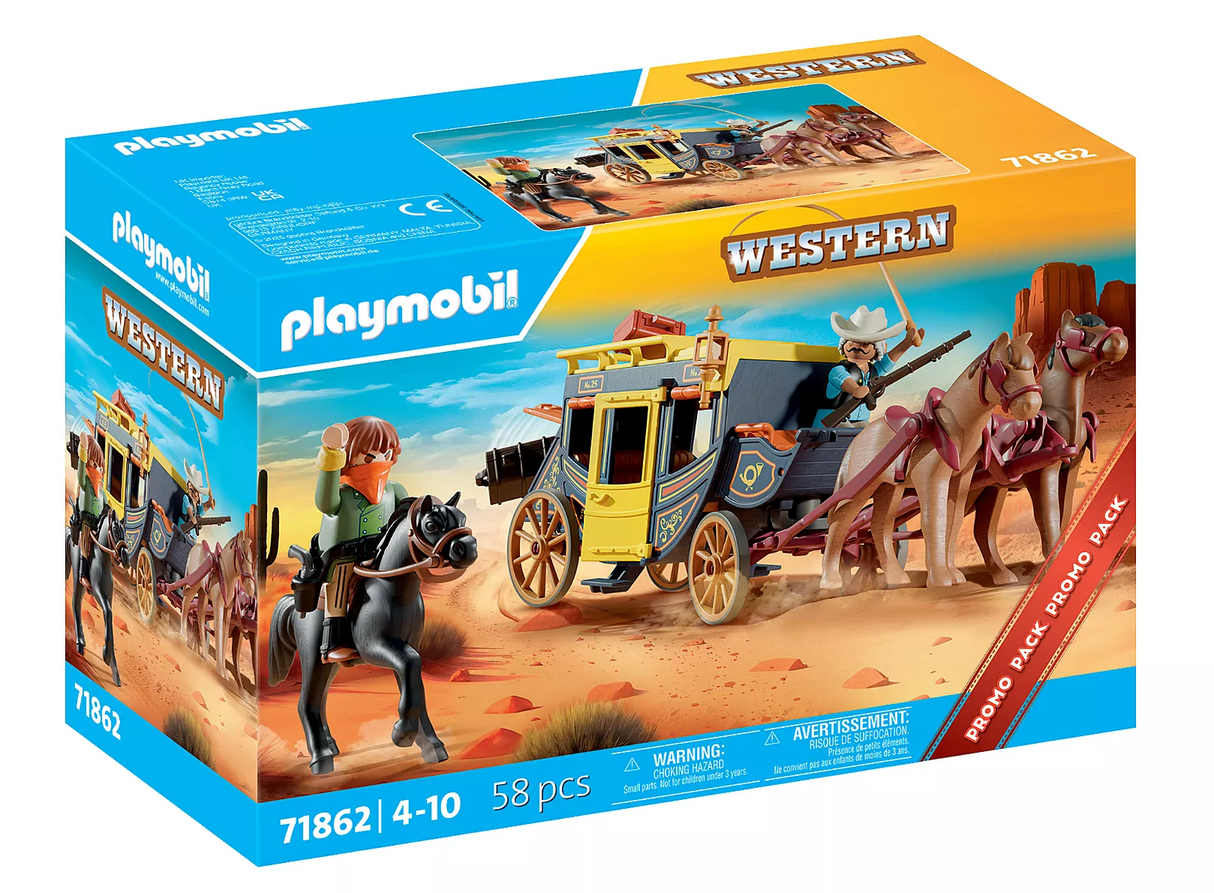 Playmobil Western set with stagecoach, three horses, two cowboys, and wild west accessories in desert scene