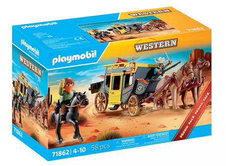 Playmobil Western set with stagecoach, three horses, two cowboys, and wild west accessories in desert scene