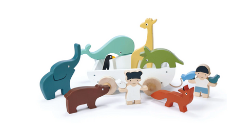 Wooden toddler toy set featuring a white boat with animals and children in soft contemporary colors on natural wheels