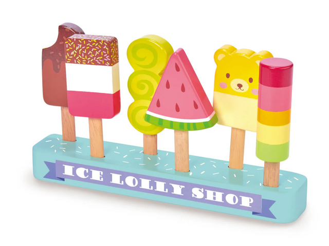 Colorful wooden ice lollies in various shapes and flavors on a blue stand labeled Ice Lolly Shop for imaginative play.