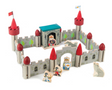 Wooden castle playset with red towers, soldiers, archway, prison block, and two wolves for creative battles