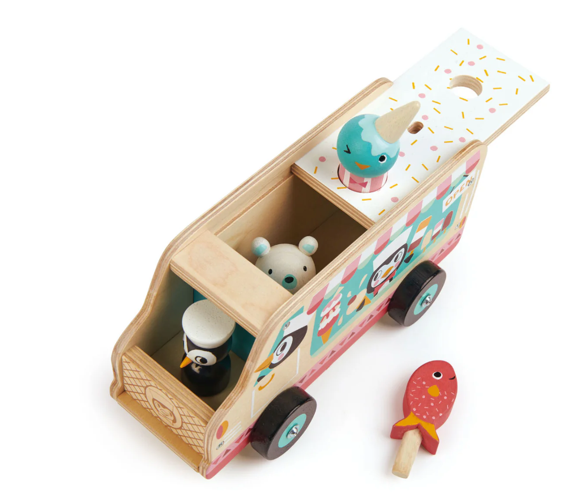 Wooden gelato van toy with removable lid, three ice cream figures, and playful penguin driver figure for toddlers.