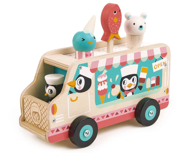 Wooden toy ice cream van with penguin driver and three colorful animal-shaped ice creams on the roof