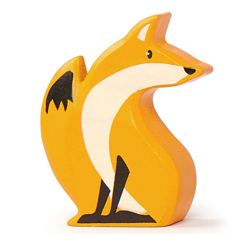 Smooth wooden fox toy with bright orange and white paint, designed for imaginative play and little hands.