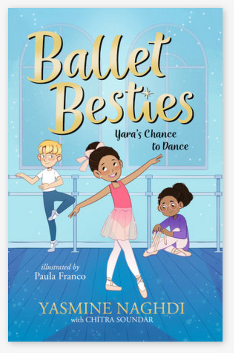 Cover of a children's book showing three diverse kids dancing and practicing ballet in a bright studio.