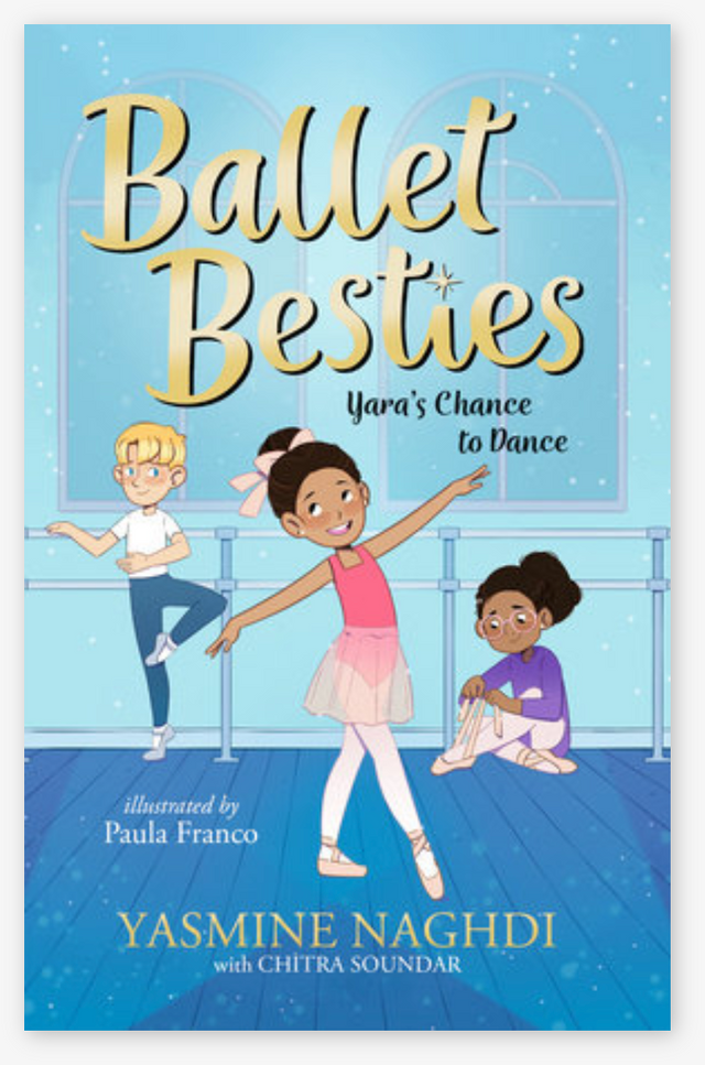 Cover of a children's book showing three diverse kids dancing and practicing ballet in a bright studio.