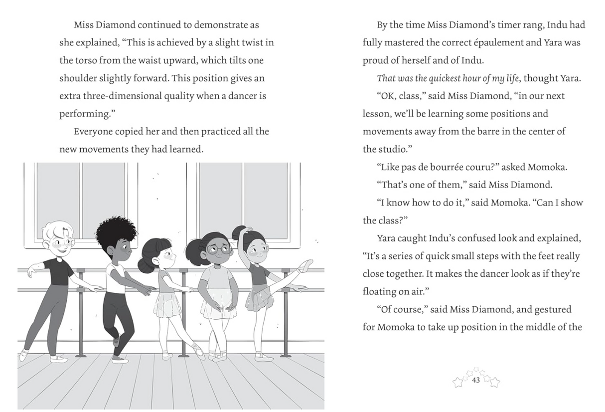 Black-and-white illustration of diverse children practicing ballet in a dance studio under the guidance of their instructor Miss Diamond