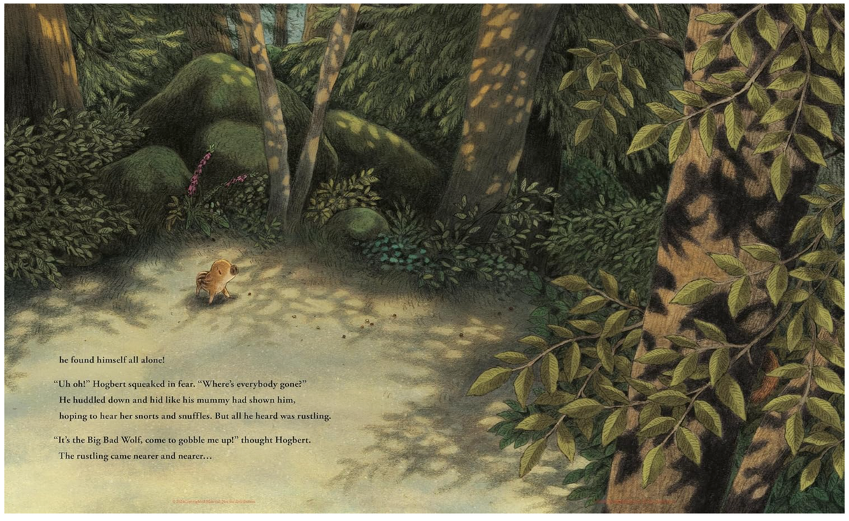 Illustration of Hogbert the boar alone in a sunlit forest clearing surrounded by trees and bushes.
