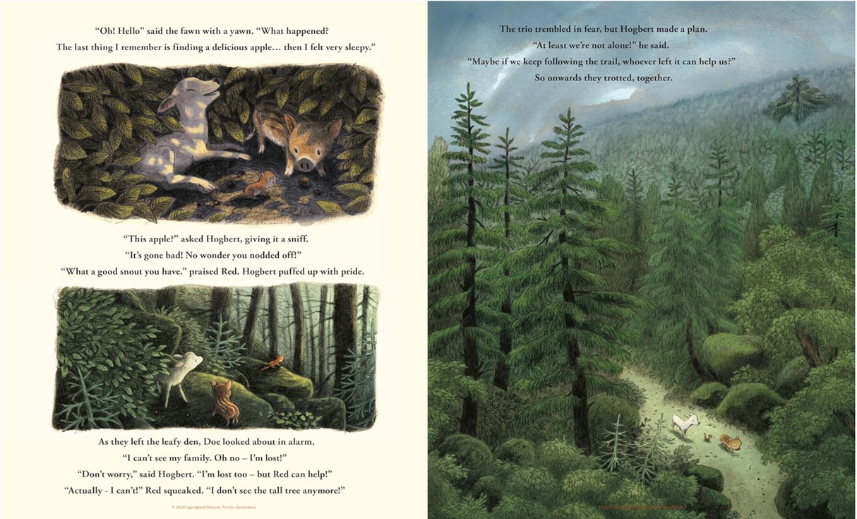 Illustrations from a children's book showing a trembling boar and forest animals in a misty, green woodland setting.