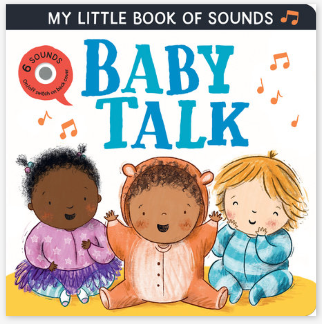 Cover of baby sounds book with three illustrated babies in colorful outfits and playful expressions