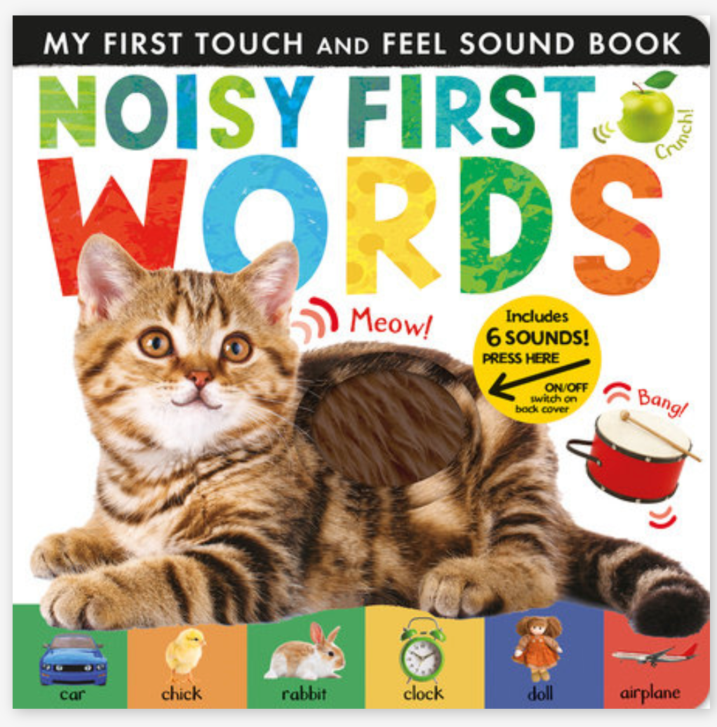 Cover of a children's sound book featuring a kitten and colorful words with interactive sound buttons for learning first words.