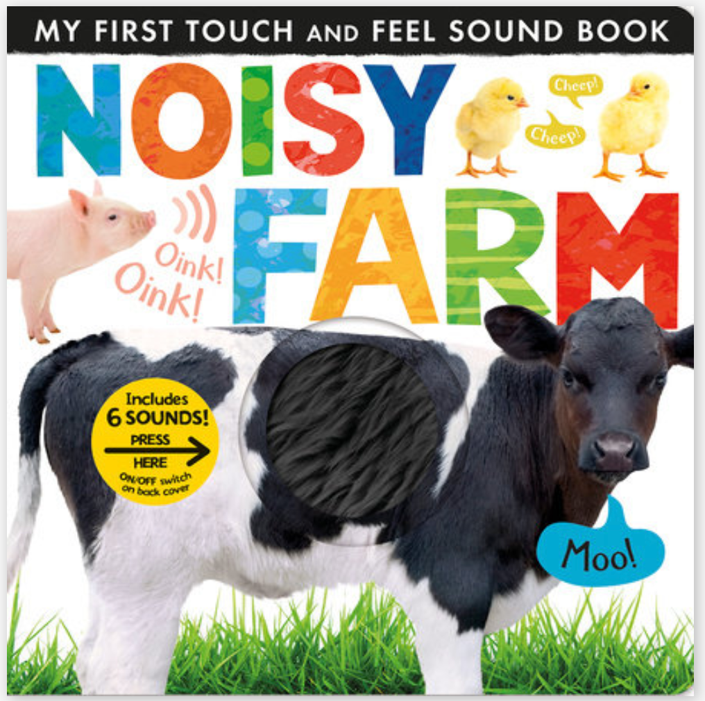 Children's sound book with farm animals including a cow, pig, and chick with touch-and-feel textures and sounds.