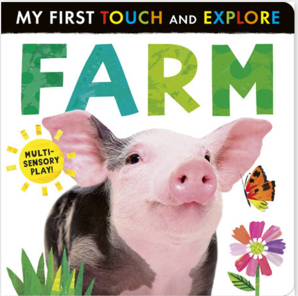 Cover of a children's farm-themed touch and explore board book featuring a smiling piglet and colorful text.