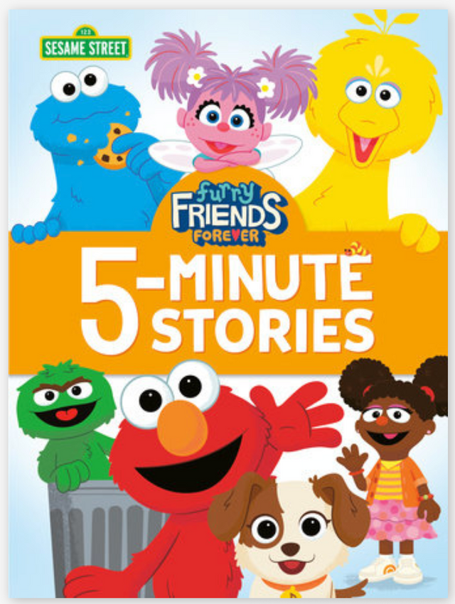 Sesame Street characters with puppy on colorful cover of Furry Friends Forever five-minute stories book for kids