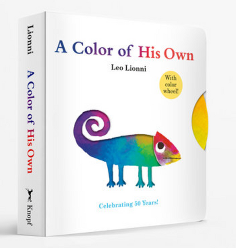 Board book edition of A Color of His Own by Leo Lionni featuring a colorful chameleon and built-in color wheel.