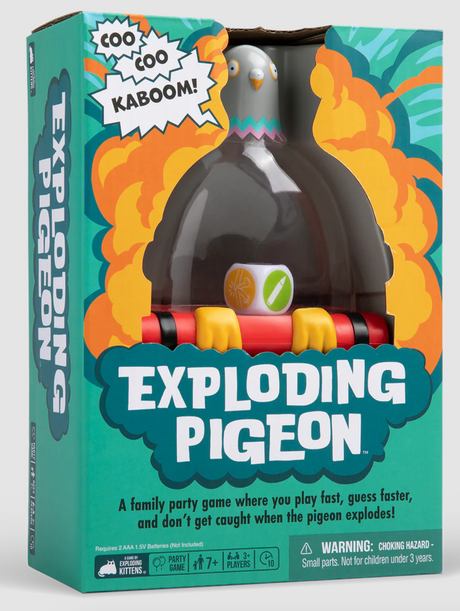 Exploding Pigeon family party game with colorful box, pigeon figure, and dice for fast-paced challenges.