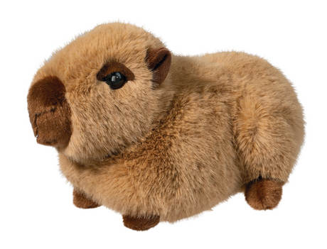 Plush capybara stuffed animal with soft fuzzy fur and droopy eyes in a relaxed resting loaf pose.