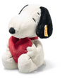 Plush Snoopy holding a red heart with embroidered eyes and a smile, perfect for gifting love and comfort.