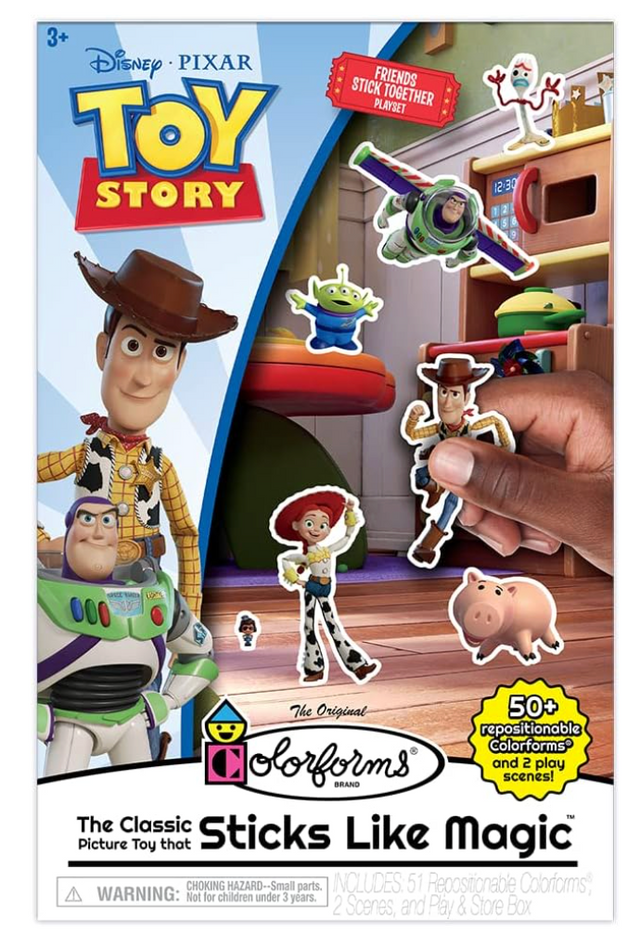 Toy Story Colorforms set with repositionable stickers featuring Woody, Buzz Lightyear, Jessie, and friends for creative play.
