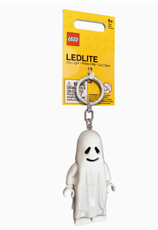 LEGO Ghost keychain with LED light feet, posable arms and legs, includes metal key ring and batteries.
